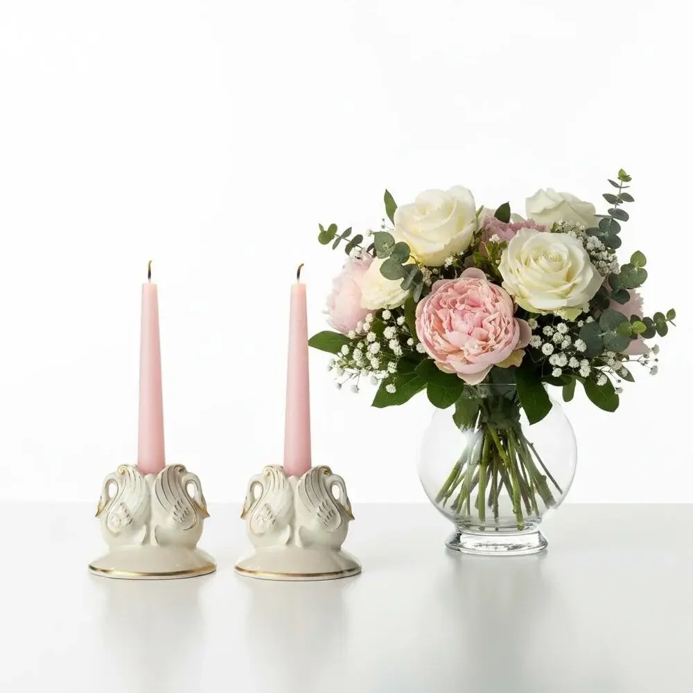 Vintage Pair Double Swan Taper Candle Holders Ivory Porcelain Gold Gilt Trim